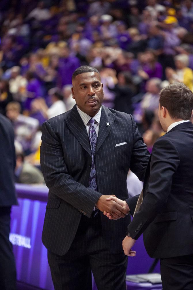 LSU interim head coach Tony Benford enters the PMAC before the Tigers' 80-59 victory over Vanderbilt on Saturday, March 9, 2019, in the PMAC.