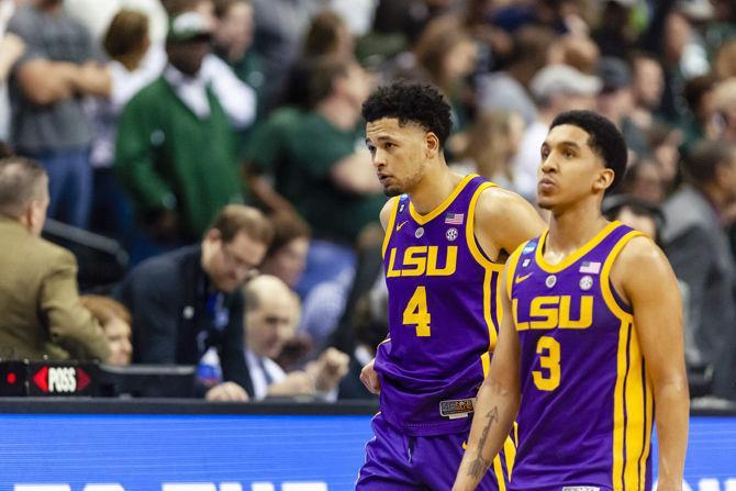 LSU basketball players exit the floor for the final time during the Tigers' 63-80 loss to Michigan State in the Capital One Arena on Friday, March 29, 2019.