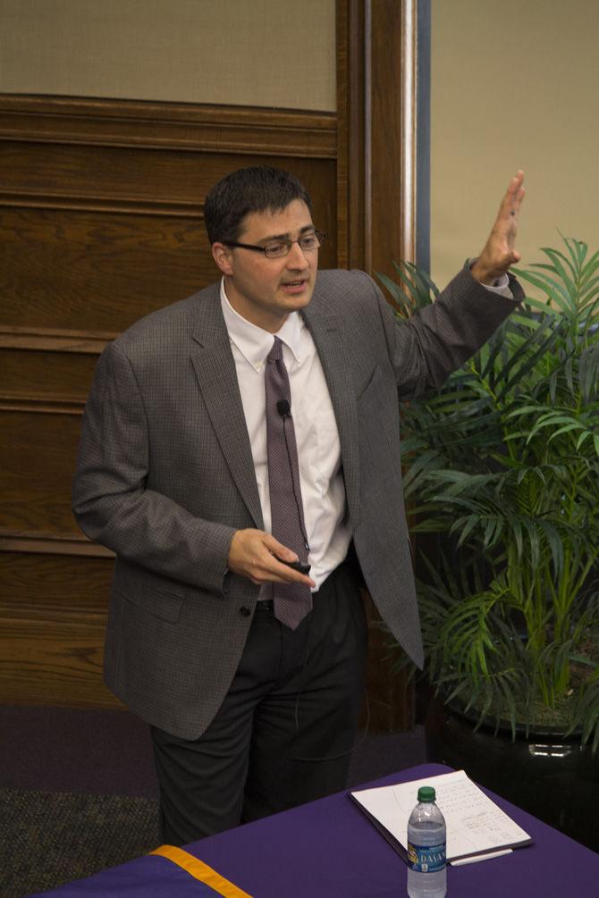 Director of LSU Public Policy Research Center, Michael Henderson presents Public Opinion about Race Relations and Law Enforcement in Louisiana on Monday, October 3, 2016, in the Journalism Building on campus.