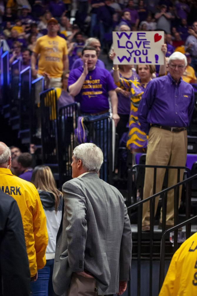 LSU athletic director Joe Alleva leaves the stadium during the Tigers' 80-59 victory over Vanderbilt on Saturday, March 9, 2019, in the PMAC.