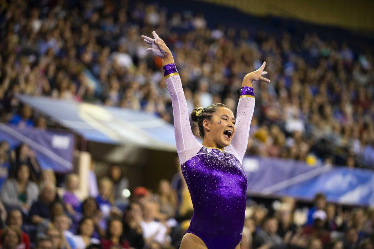 LSU all-around senior Sarah Finnegan completes the vault during the Tigers&#8217; 197.5125 first round success at 2019 NCAA Women&#8217;s Gymnastics Championship Semifinals meet on Friday, April 19, 2019, in the Fort Worth Convention Center.