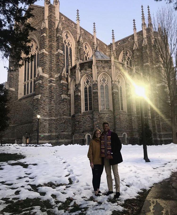 Miranda Campbell and Stewart Lockett stand outside&#160;Duke University&#8217;s David M. Rubenstein Rare Book and Manuscript Library.