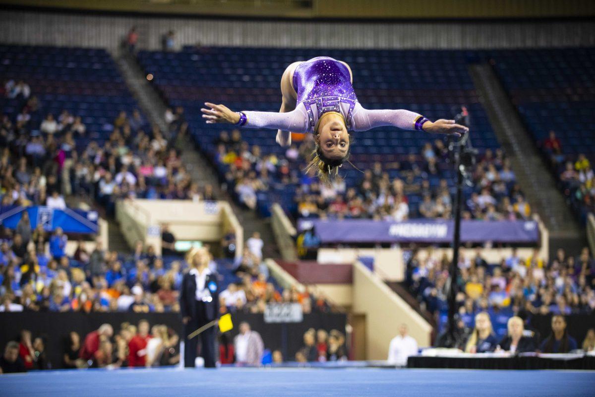 LSU all-around senior Sarah Finnegan performs her floor routine during the Tigers&#8217; 197.5125 first round success at 2019 NCAA Women&#8217;s Gymnastics Championship Semifinals meet on Friday, April 19, 2019, in the Fort Worth Convention Center.