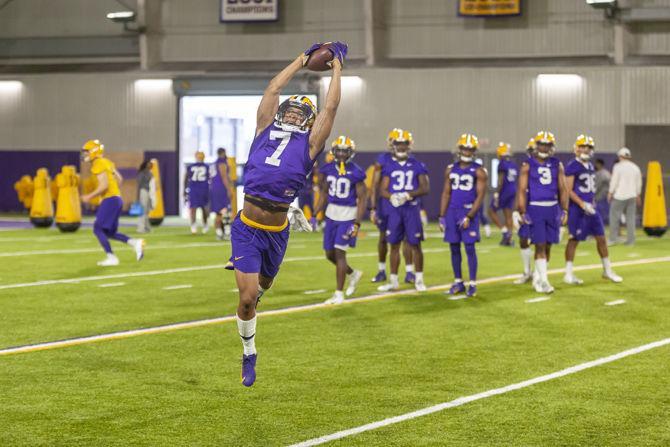 LSU sophomore safety Grant Delpit (7) participates in spring practice in the LSU Football Facility on Thursday, March 7, 2019.