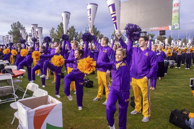 The LSU cheer team performs before the Playstation Fiesta Bowl at State Farm Stadium on Tuesday, Jan. 1, 2019.