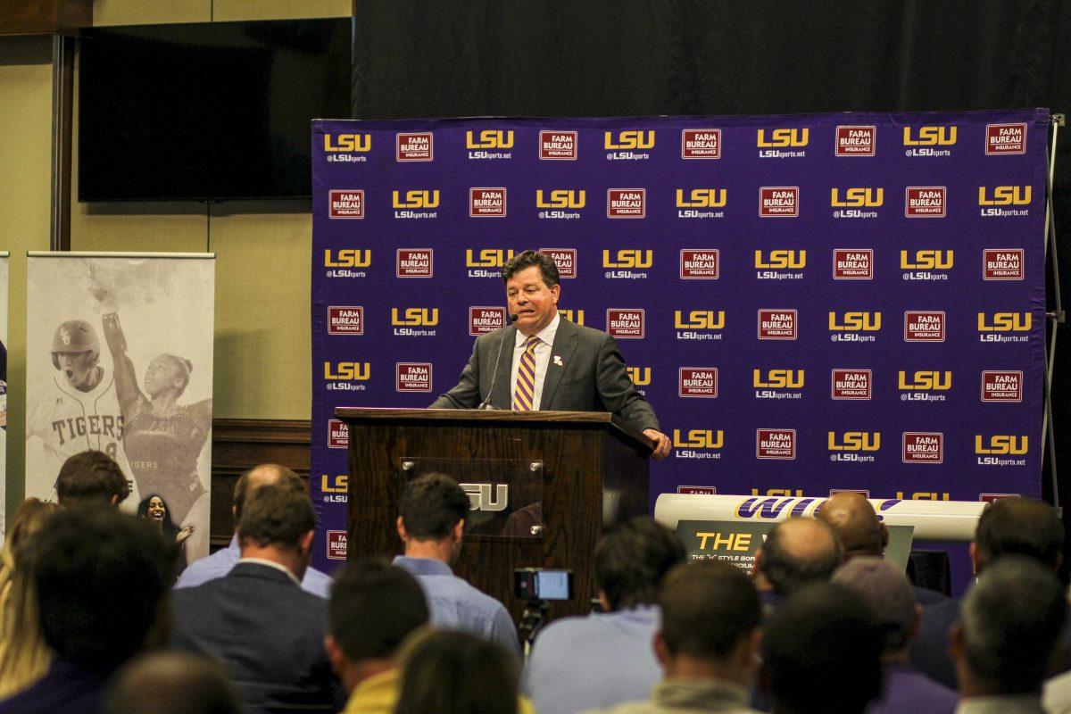 LSU athletic director Scott Woodward holds an introductory press conference in the Journalism Building on Tuesday, April 23, 2019.