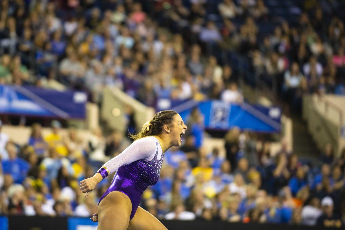 LSU all-around senior McKenna Kelley performs her floor routine during the Tigers&#8217; 197.5125 first round success at 2019 NCAA Women&#8217;s Gymnastics Championship Semifinals meet on Friday, April 19, 2019, in the Fort Worth Convention Center.