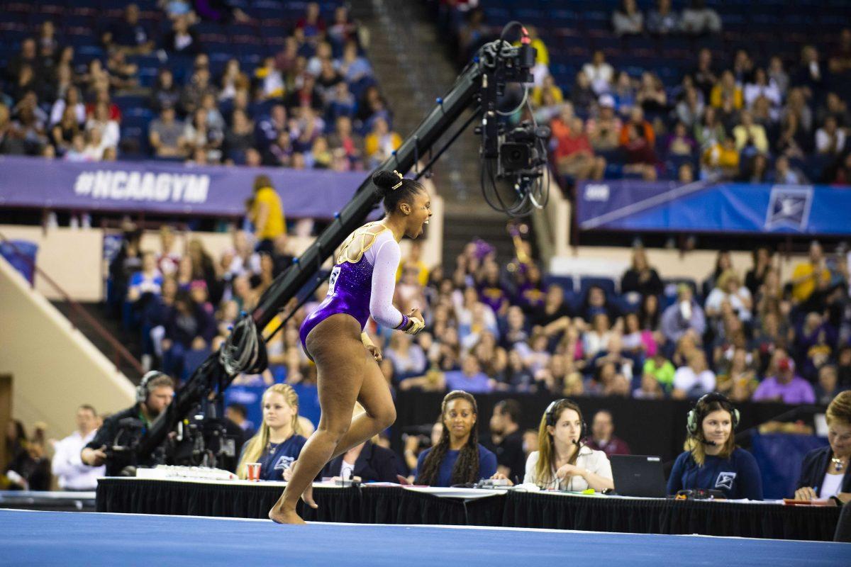 LSU all-around junior Kennedi Edney performs her floor routine during the Tigers&#8217; 197.5125 first round success at 2019 NCAA Women&#8217;s Gymnastics Championship Semifinals meet on Friday, April 19, 2019, in the Fort Worth Convention Center.