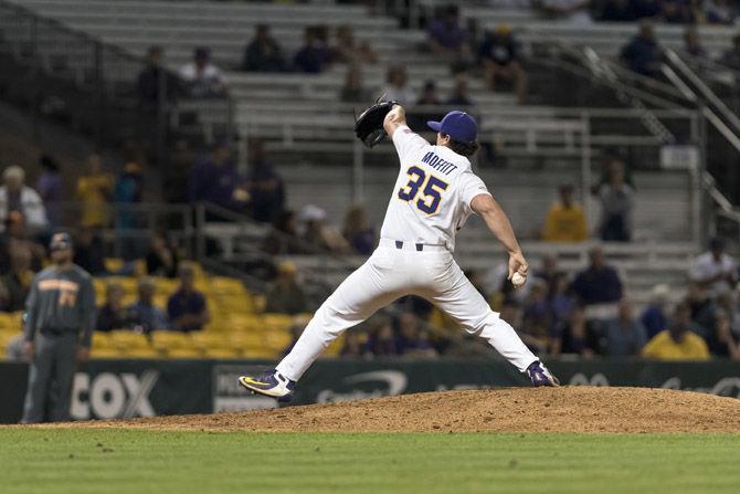 LSU junior pitcher Clay Moffitt (35) pitches the ball during LSU&#8217;s 9-3 victory over University of Tennessee in Alex Box Stadium on Friday, April 13, 2018.