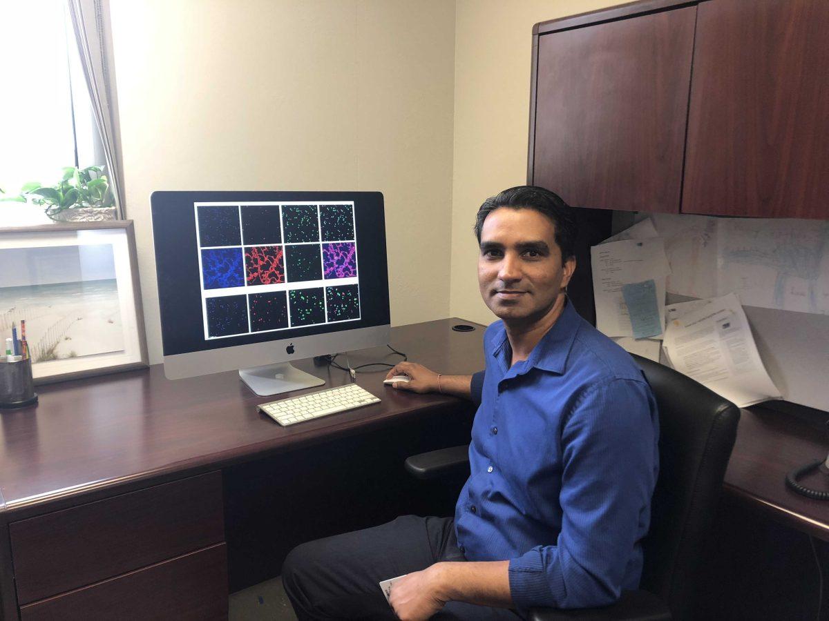 Yogesh Saini sits in his office in the LSU School of Veterinary Medicine.