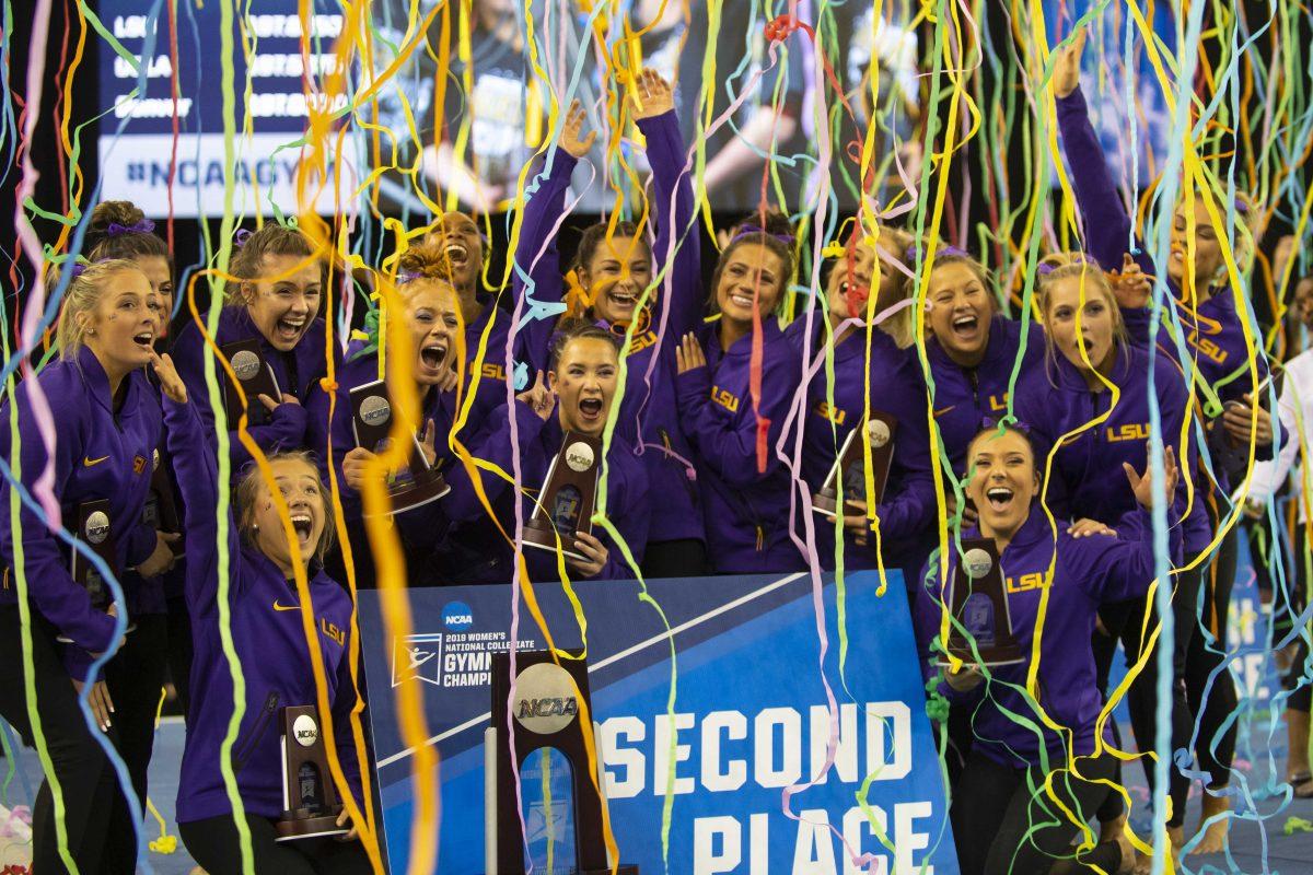 LSU Gymnastics celebrate placing second during the Tigers&#8217; 197.825 victory at the 2019 NCAA Women&#8217;s Gymnastics Championships on Saturday, April 20, 2019, in the Fort Worth Convention Center.