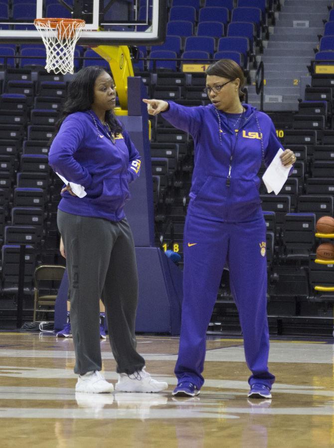 LSU women&#8217;s basketball assistant coach Tasha Butts speaks with LSU women&#8217;s basketball head coach Nikki Fargas during practice on Wednesday, Feb. 15, 2017 in the PMAC.