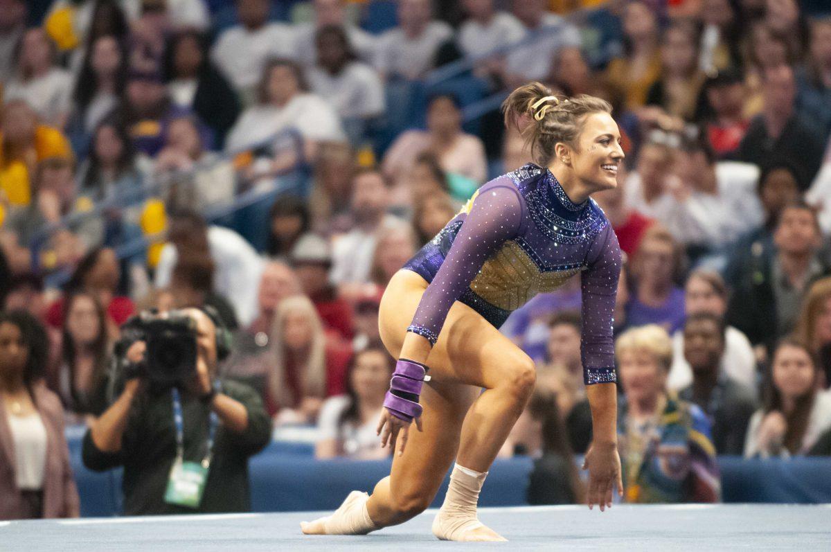 LSU all-around senior Lexie Priessman performs her floor routine during the Tigers&#8217;197.900 first place victory in the SEC Championship meet on Saturday, March 23, 2019, in the Smoothie King Center.