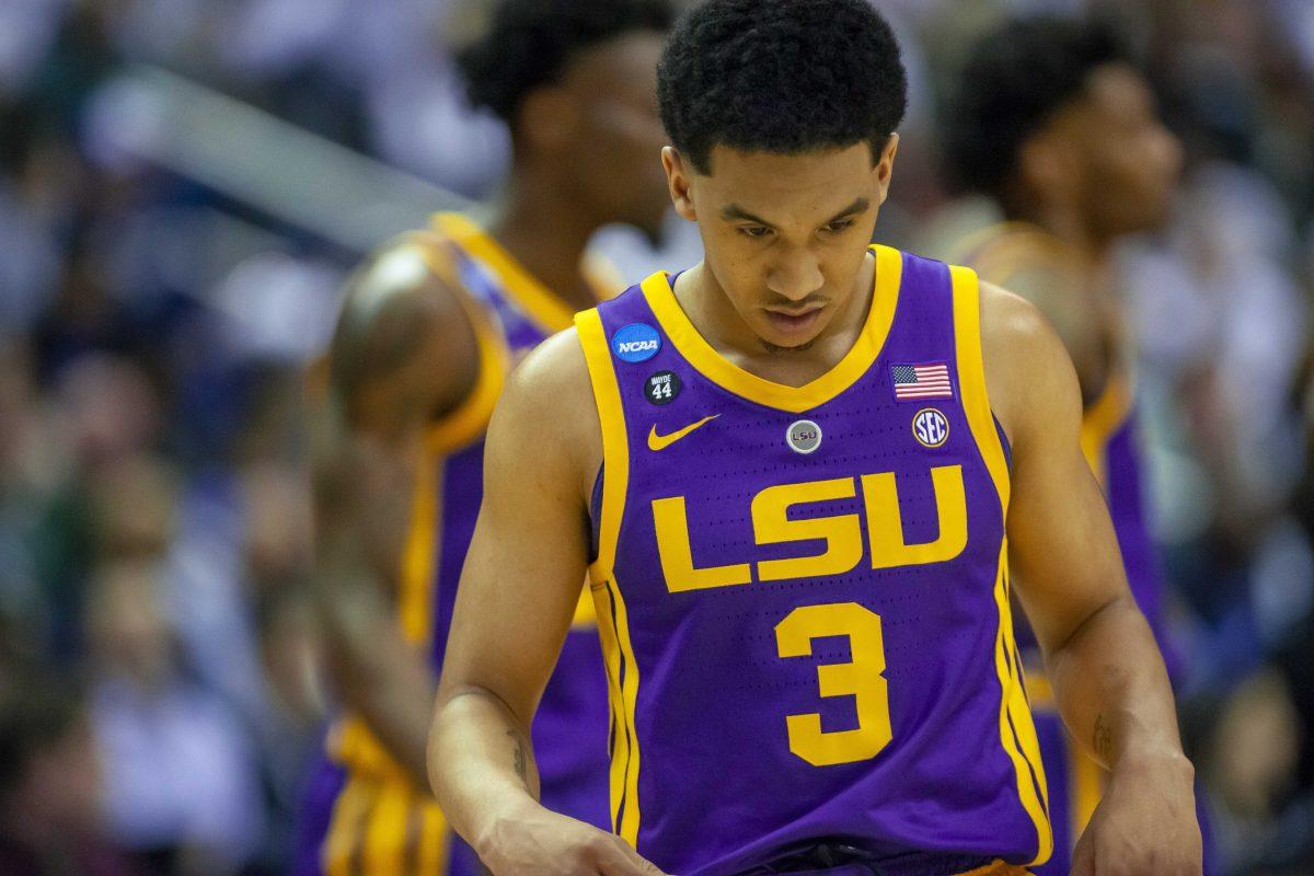 LSU sophomore guard Tremont Waters (3) prepares for a play during the Tigers' 63-80 loss to Michigan State in the Capital One Arena on Friday, March 29, 2019.