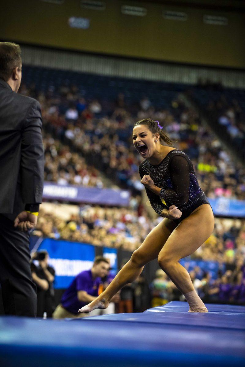 LSU all-around senior McKenna Kelley completes the vault during the Tigers&#8217; 197.825 second place victory at the 2019 NCAA Women&#8217;s Gymnastics Championships on Saturday, April 20, 2019, in the Fort Worth Convention Center.