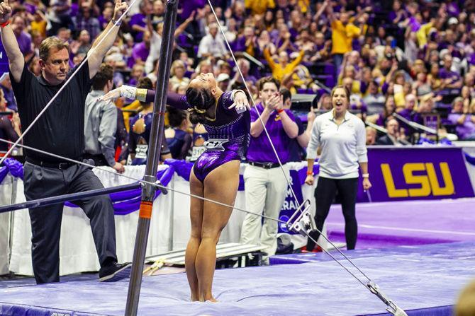 LSU senior all-around Sarah Finnegan performs on the uneven bars during the second round of the gymnastics regionals on Saturday, April 6, 2019, in the PMAC.