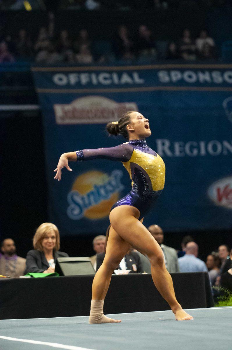 LSU all-around senior Sarah Finnegan performs her floor routine during the Tigers&#8217;197.900 first place victory in the SEC Championship meet on Saturday, March 23, 2019, in the Smoothie King Center.