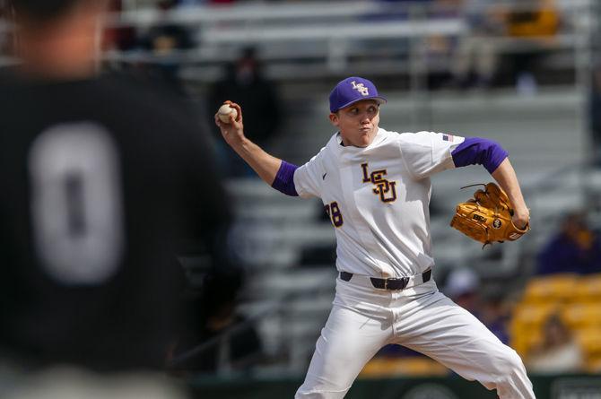 LSU junior pitcher Zack Hess (38) pitches the ball during the Tigers' 2-1 victory over Kentucky on Saturday, March 16, 2019, in Alex Box Stadium.