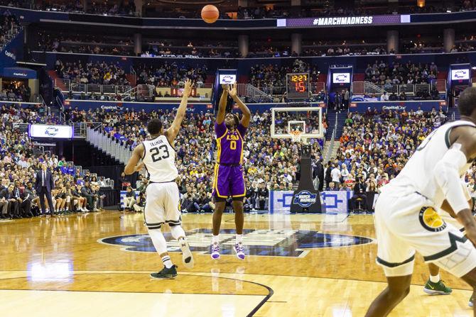 LSU freshman forward Naz Reid (0) shoots the ball during the Tigers' 63-80 loss to Michigan State in the Capital One Arena on Friday, March 29, 2019.