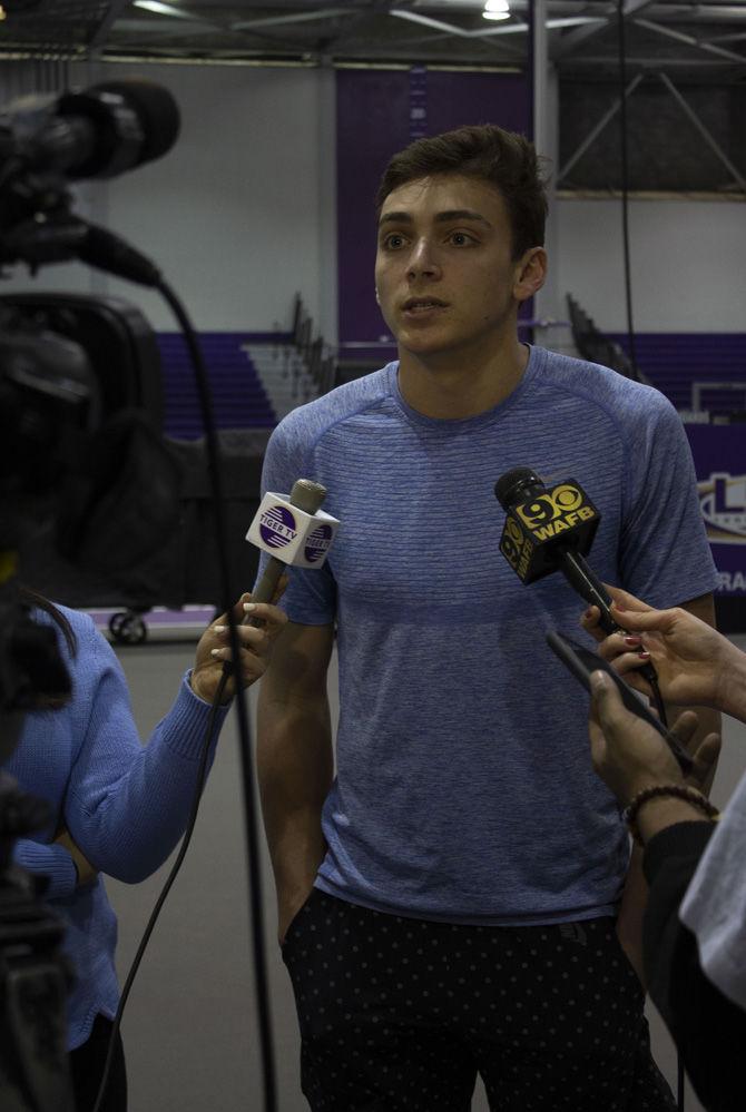 LSU freshman pole vaulter Mondo Duplantis is interviewed in the Carl Maddox Field House on Tuesday, Feb. 19, 2019.