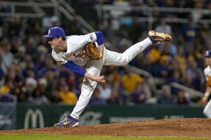 LSU sophomore pitcher Eric Walker (10) pitches in the fifth inning during the Tigers' 12-7 win against ULM on Friday, Feb. 15, 2019, at Alex Box Stadium.