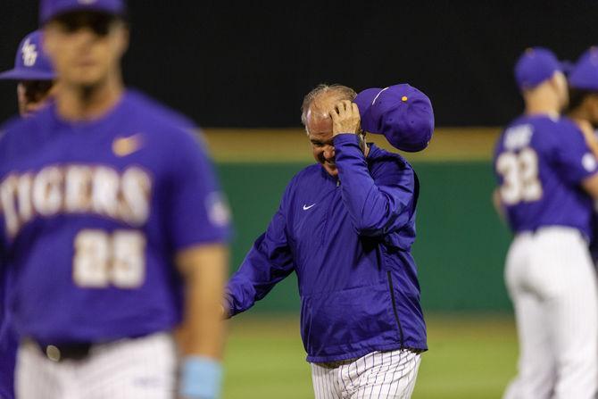 LSU baseball coach Paul Mainieri exits the field after the Tigers' 5-3 victory over Lamar on Tuesday, April 23, 2019, in Alex Box Stadium.