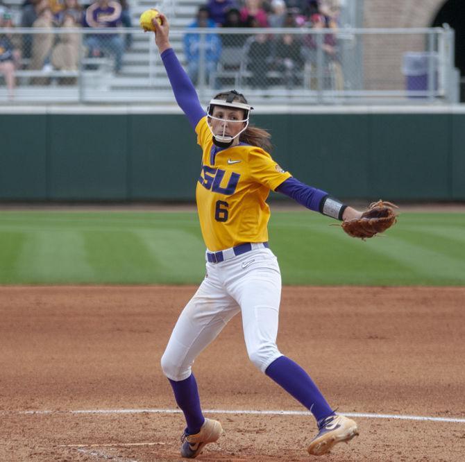 LSU junior pitcher Maribeth Gorsuch (6) pitches the ball during the Tigers&#8217; 8-0 win over the Florida Gators on Sunday, March 17, 2019, at Tiger Park.