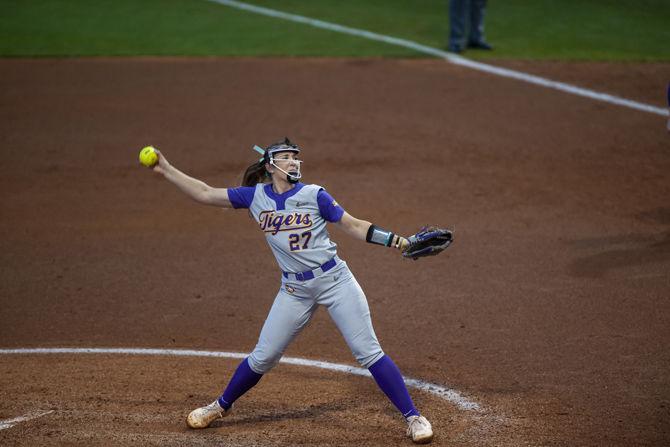 LSU sophomore pitcher Shelbi Sunseri (27) pitches during the Lady Tigers' 4-0 victory over Memphis on Friday, Feb. 21, 2019, in Tiger Park.