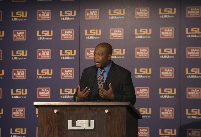 LSU wide receivers coach Mickey Joseph addresses the media on Thursday, Feb. 9, 2017 in the Athletic Administration Building.