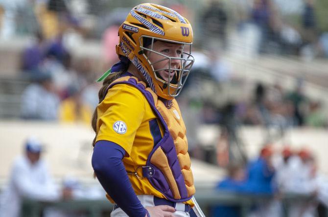 LSU senior infielder Michaela Schlattman (1) waits during the Tigers&#8217; 8-0 win over the Florida Gators on Sunday, March 17, 2019, at Tiger Park.