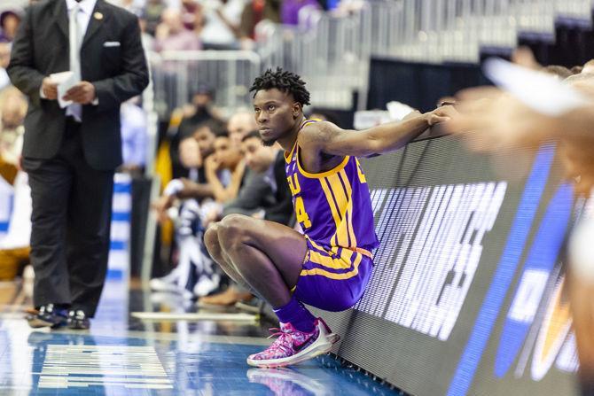 LSU freshman guard Emmitt Williams (24) prepares to check into the game during the Tigers' 63-80 loss to Michigan State in the Capital One Arena on Friday, March 29, 2019.