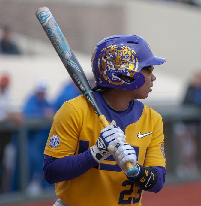 LSU senior infielder Shemiah Sanchez (23) waits to hit the ball during the Tigers&#8217; 8-0 win over the Florida Gators on Sunday, March 17, 2019, at Tiger Park.