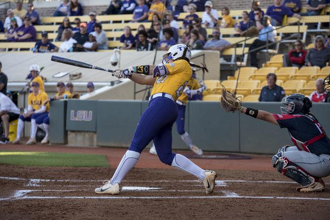 LSU freshman utility Shelbi Sunseri (27) bats the ball during LSU&#8217;s 4-0 victory over University of South Alabama at Tiger Park on Tuesday, April 24, 2018.