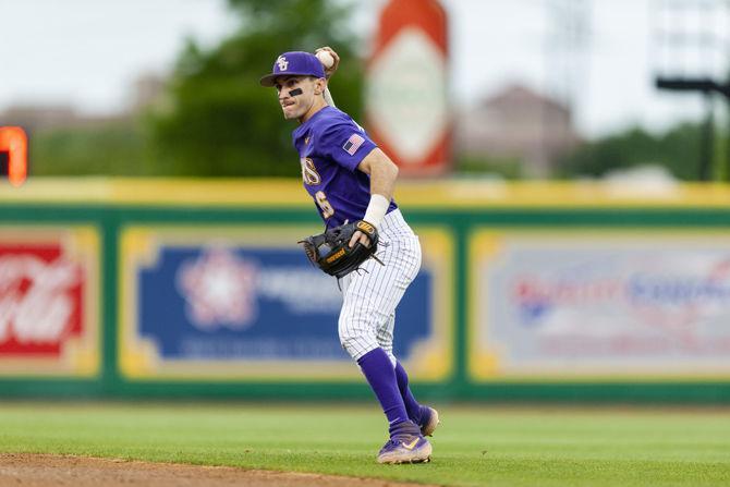 LSU senior infielder Brandt Broussard (16) throws the ball during the Tigers' 5-3 victory over Lamar on Tuesday, April 23, 2019, in Alex Box Stadium.