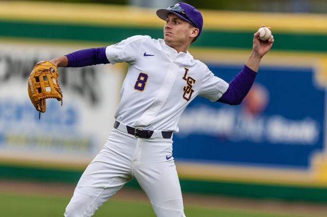 LSU senior right fielder Antoine Duplantis (8) throws the ball during the Tigers' 2-1 victory over Kentucky on Saturday, March 16, 2019, in Alex Box Stadium.