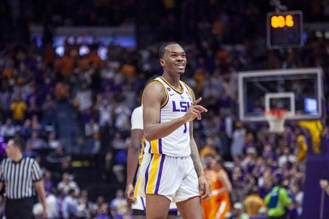 LSU freshman guard Ja'vonte Smart (1) celebrates after the Tigers 82-80 victory over Tennesse on Saturday, Feb. 23, 2019.