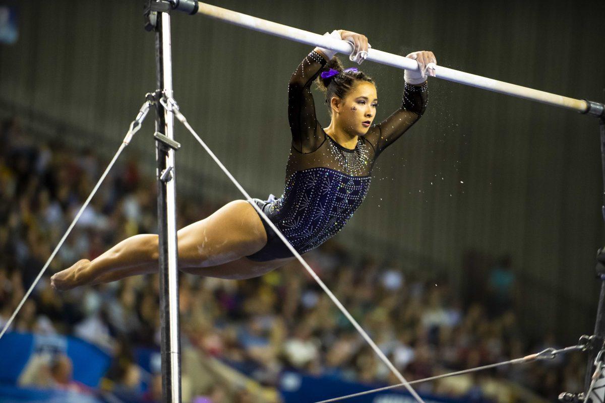 LSU all-around senior Sarah Finnegan completes the bars during the Tigers&#8217; 197.825 second place victory at the 2019 NCAA Women&#8217;s Gymnastics Championships on Saturday, April 20, 2019, in the Fort Worth Convention Center.