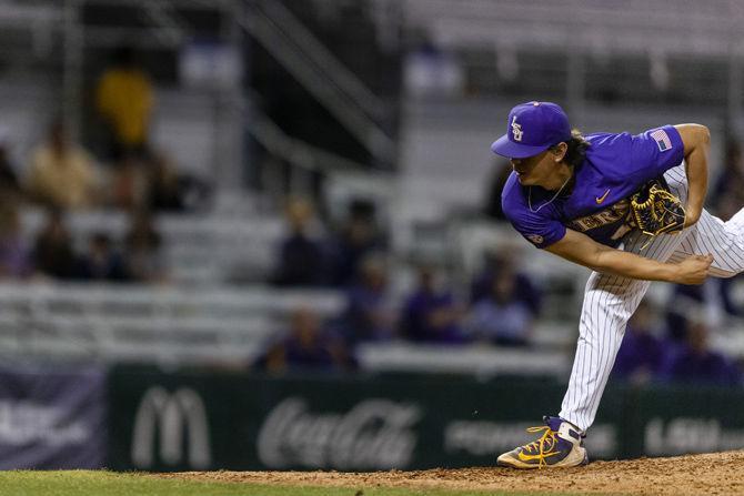 LSU junior pitcher Todd Peterson (43) throws the ball during the Tigers' 5-3 victory over Lamar on Tuesday, April 23, 2019, in Alex Box Stadium.