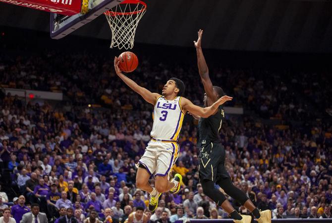 LSU sophomore guard Tremont Waters (3) shoots the ball during the Tigers' 80-59 victory over Vanderbilt on Saturday, March 9, 2019, in the PMAC.