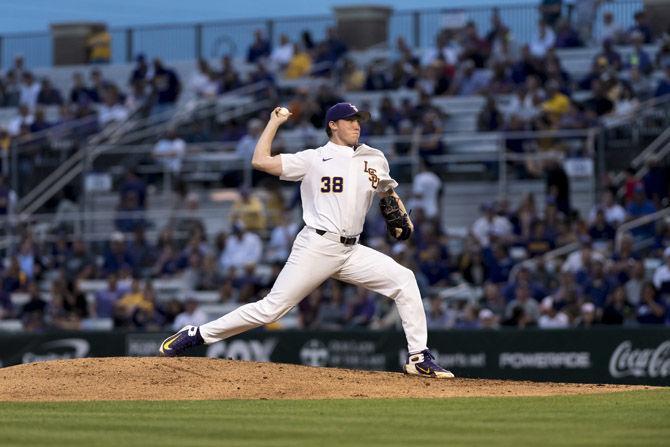 LSU sophomore pitcher Zack Hess (38) pitches the ball during LSU&#8217;s 9-3 victory over University of Tennessee in Alex Box Stadium on Friday, April 13, 2018.