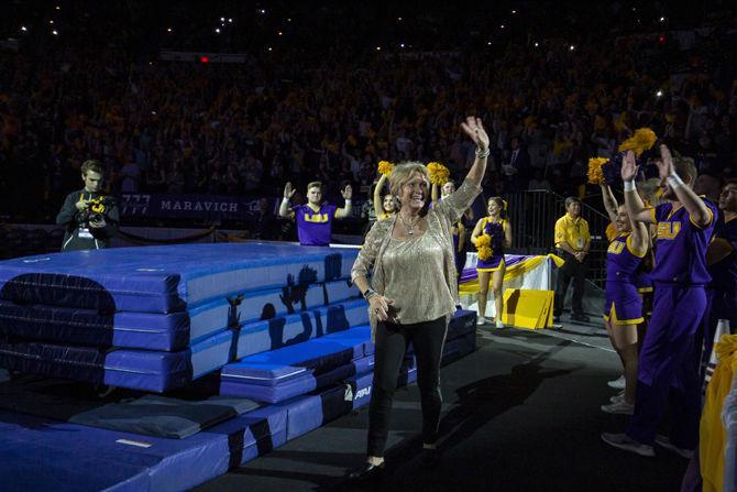 LSU coach D-D Breaux enters the stadium during the Tigers' 197.500-197.425 loss to Florida on Friday, Jan. 18, 2019 in the PMAC.