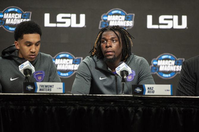 LSU freshman forward Naz Reid and sophomore guard Tremont Waters answer questions after the Tigers' 63-80 loss to Michigan State in the Capital One Arena on Friday, March 29, 2019.