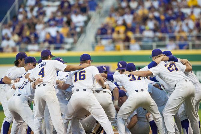 The LSU Tigers huddle before LSU's 4-3 win against Mississippi State on Saturday June 10, 2017, at Alex Box Stadium.