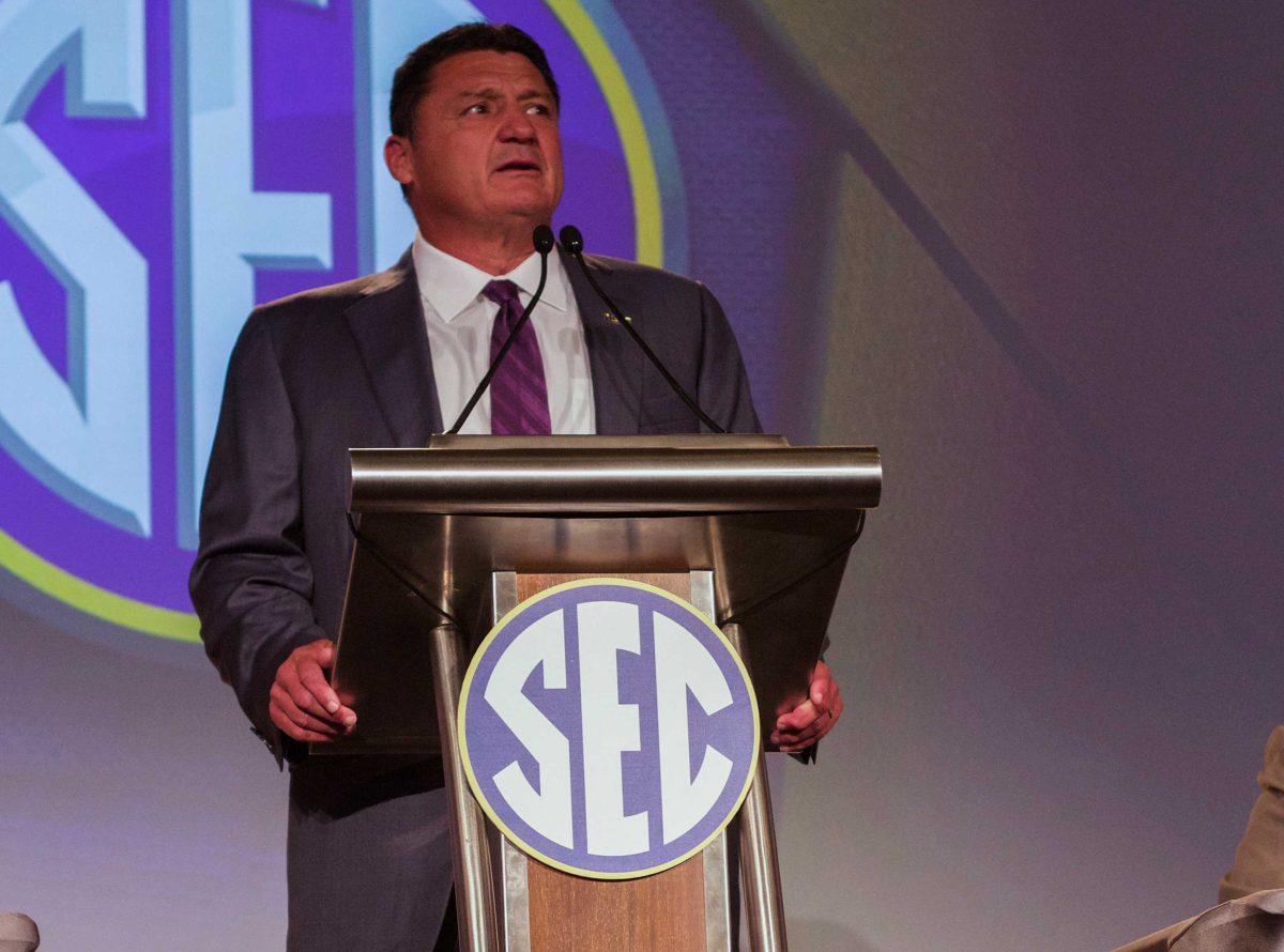 Coach Ed Orgeron speaks to the media at the 2017 SEC Media Days on July 10 in Hoover, Alabama.&#160;