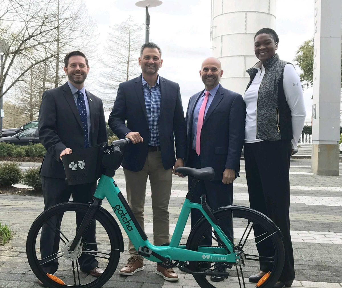 (Pictured left to right)&#160;BCBS Foundation President&#160;Michael Tipton, Gotcha CEO Sean Flood,&#160;BR General CEO&#160;Edgardo Tenreiro and BR Community Manager Cokie Reed show off one of the Gotcha bikes coming to Baton Rouge in May.