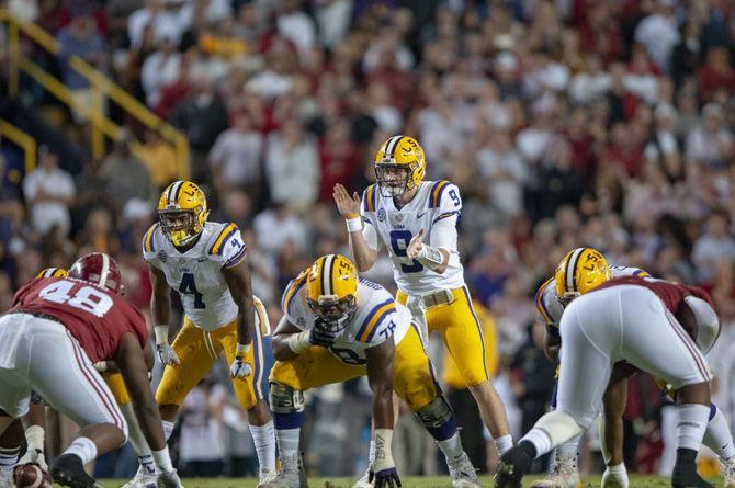 LSU junior quarterback Joe Burrow (9) prepares to throw the ball during the Tigers&#8217; 29-0 loss against Alabama on Saturday, Nov. 3, 2018, in Tiger Stadium.