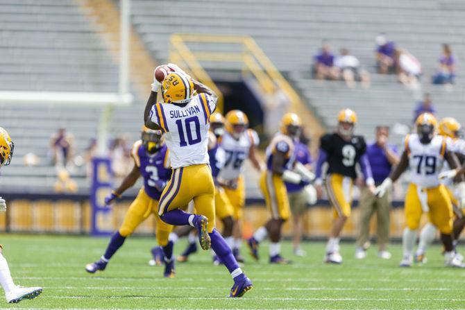 LSU senior tight end Stephen Sullivan (10) makes a catch during the Tigers spring football game in Tiger Stadium on Saturday, April 6, 2019.