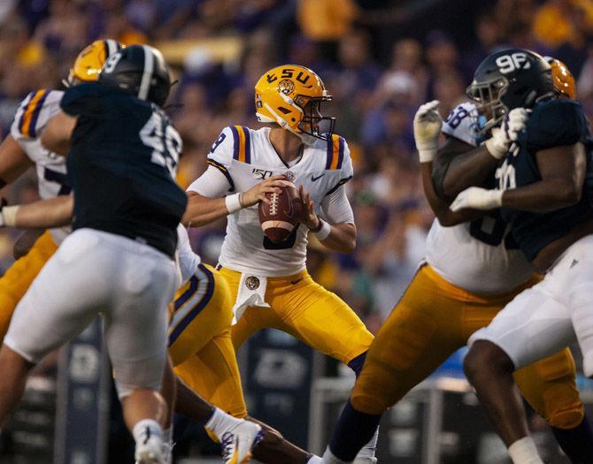 LSU senior quarterback Joe Burrow (9) prepares to pass the ball during the Tigers' 55-3 victory over Georgia Southern on Saturday, Aug. 31, 2019, at Tiger Stadium.