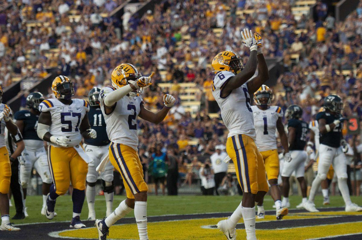 LSU sophomore wide receiver Terrace Marshall Jr. (6) celebrates after a touchdown during the Tigers' 55-3 victory over Georgia Southern on Saturday, Aug. 31, 2019, at Tiger Stadium.