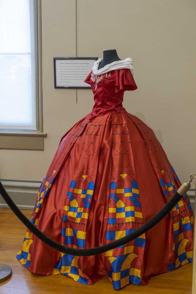 A gown resembles the stained glass ceiling of the Old State Capitol designed by LSU alumni LeAnne Zambito at the Old State Capitol on Wednesday, Aug. 28, 2019.